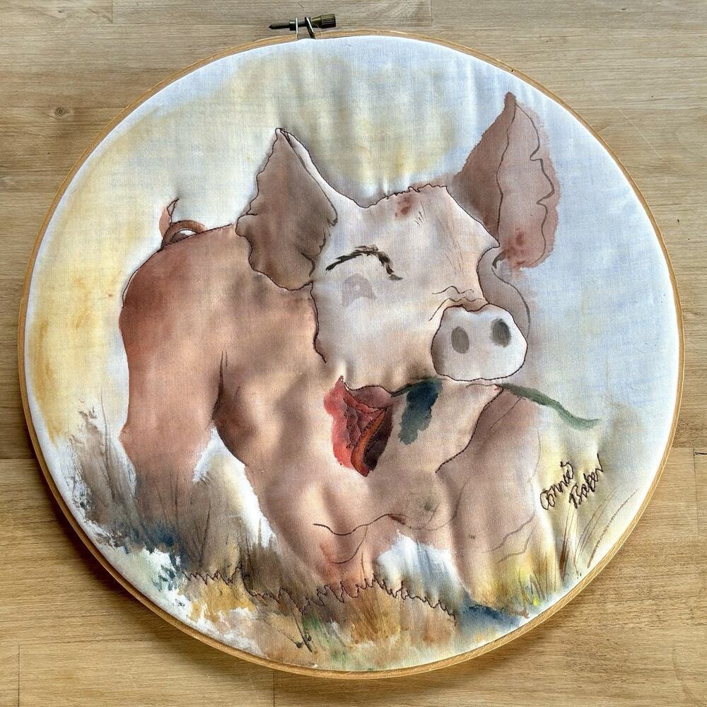 Signed Connie Baker Painted Watercolor Embroidered Pig Hoop Wall Art Americana